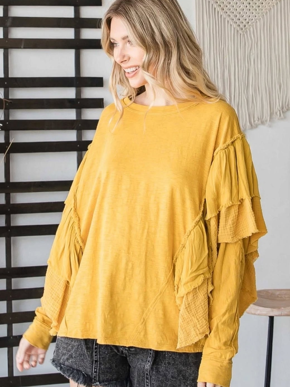 Oli & Hali Mustard Ruffle Sleeve Long Sleeve Top